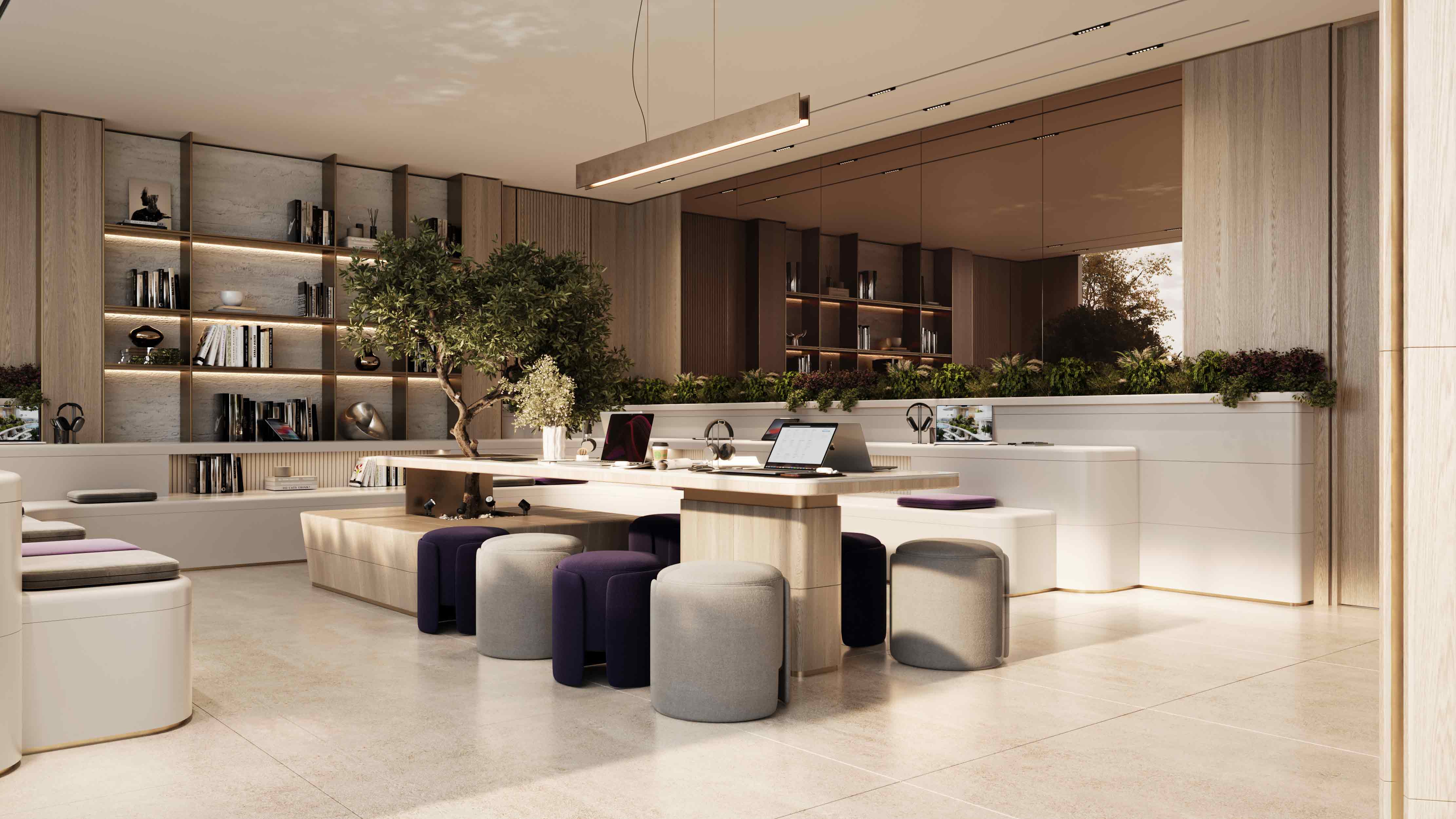 Le Blanc A modern workspace with a wooden table, comfortable stools, bookshelves, and greenery, providing a serene atmosphere.